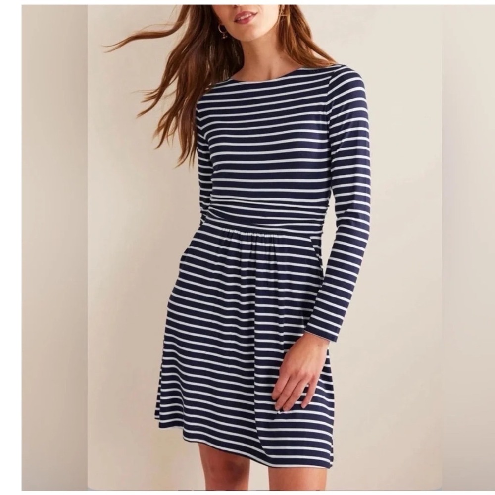 Boden Abigail Dress Navy Blue White Striped Long Sleeve Jersey Pockets US 4